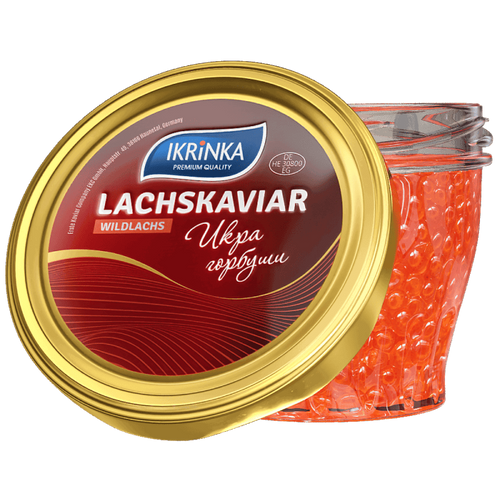 Lachskaviar Gorbuscha Set «Classic» – einzelnes Glas mit rotem Kaviar und rotem IKRiNKA Deckeletikett