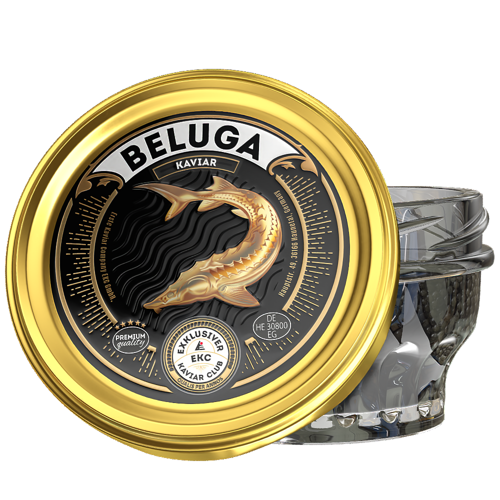 Beluga Kaviar 50g im Glas – Deckelansicht von der Seite