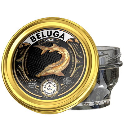 Beluga Kaviar 50g im Glas – Deckelansicht von der Seite