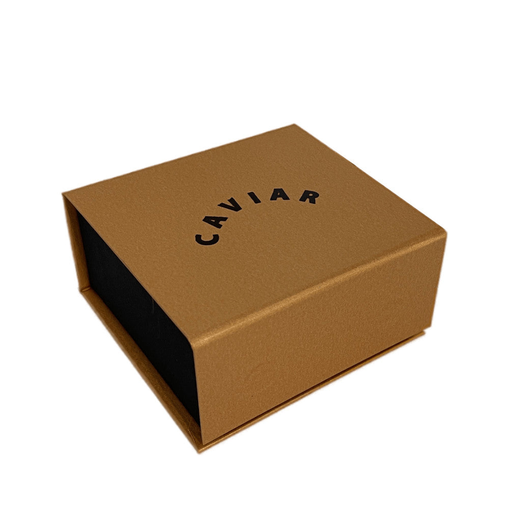 Geschenkbox für 100g Dosen und Gläser – goldene Box geschlossen mit Caviar-Schriftzug
