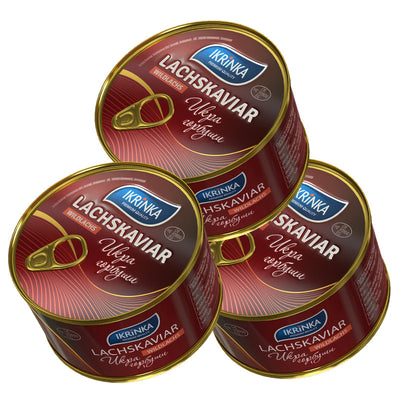 Lachskaviar Gorbuscha Set 3 x 450g – drei Dosen im Dreiecksverbund gestapelt