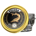 Beluga Kaviar 50g – Glas mit schwarzem Kaviar und goldenem Deckel mit Beluga-Störmotiv