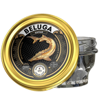 Beluga Kaviar 50g – Glas mit schwarzem Kaviar und goldenem Deckel mit Beluga-Störmotiv