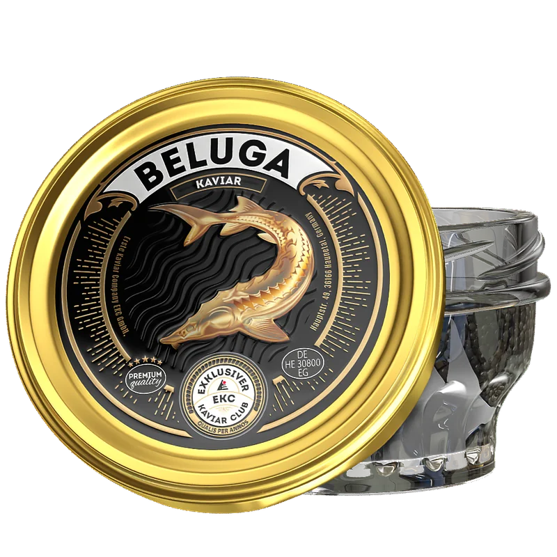 Beluga Kaviar 50g – Glas mit schwarzem Kaviar und goldenem Deckel mit Beluga-Störmotiv
