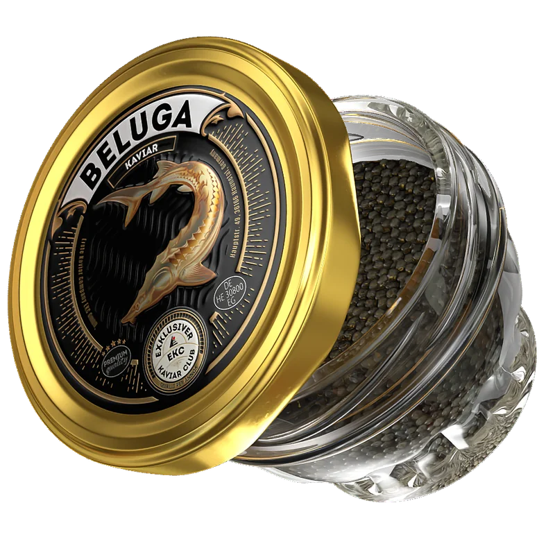 Beluga Kaviar 50g – Glas mit schwarzem Kaviar, seitliche Ansicht mit goldenem Beluga-Deckel