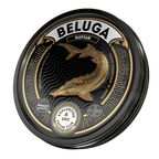 Beluga Kaviar Dose – Deckelansicht mit goldenem Beluga-Störmotiv von oben