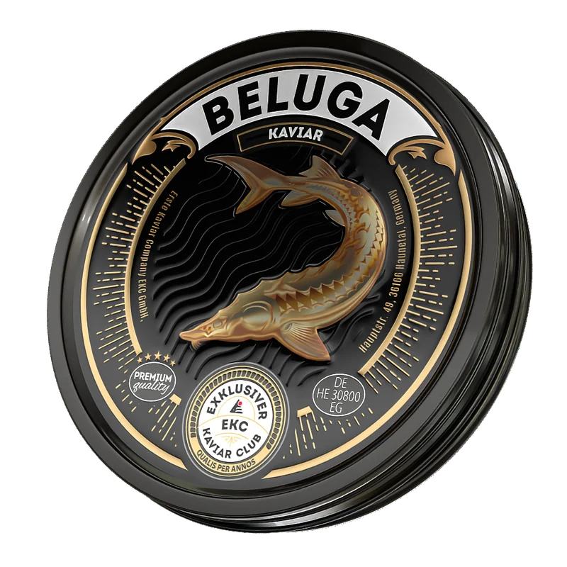 Beluga Kaviar Dose – Deckelansicht mit goldenem Beluga-Störmotiv von oben