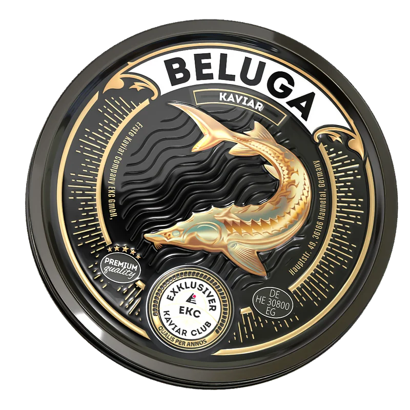 Beluga Kaviar Dose – Deckelansicht mit goldenem Störmotiv und Wellenmuster