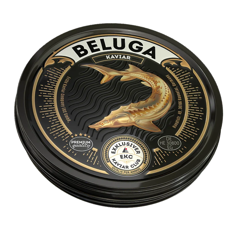 Beluga Kaviar Dose – Deckelansicht mit goldenem Störmotiv