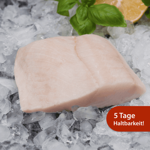 Black Cod Filet Set 3 Stk. – weißes Filetstück auf Eis mit Basilikum und Zitrone, Hinweis 5 Tage Haltbarkeit