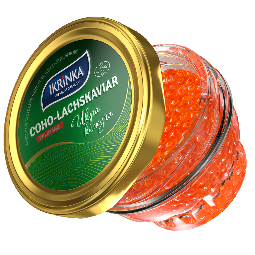 Coho Lachskaviar «Classic» 100g im Glas – Schrägansicht mit Kaviar
