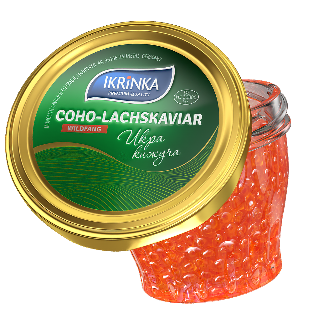 Coho Lachskaviar «Classic» 200g im Glas – Schrägansicht mit Kaviar
