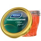 Forellenkaviar «Classic» 200g im Glas – sichtbare orange Kaviarperlen und grünes Deckeletikett