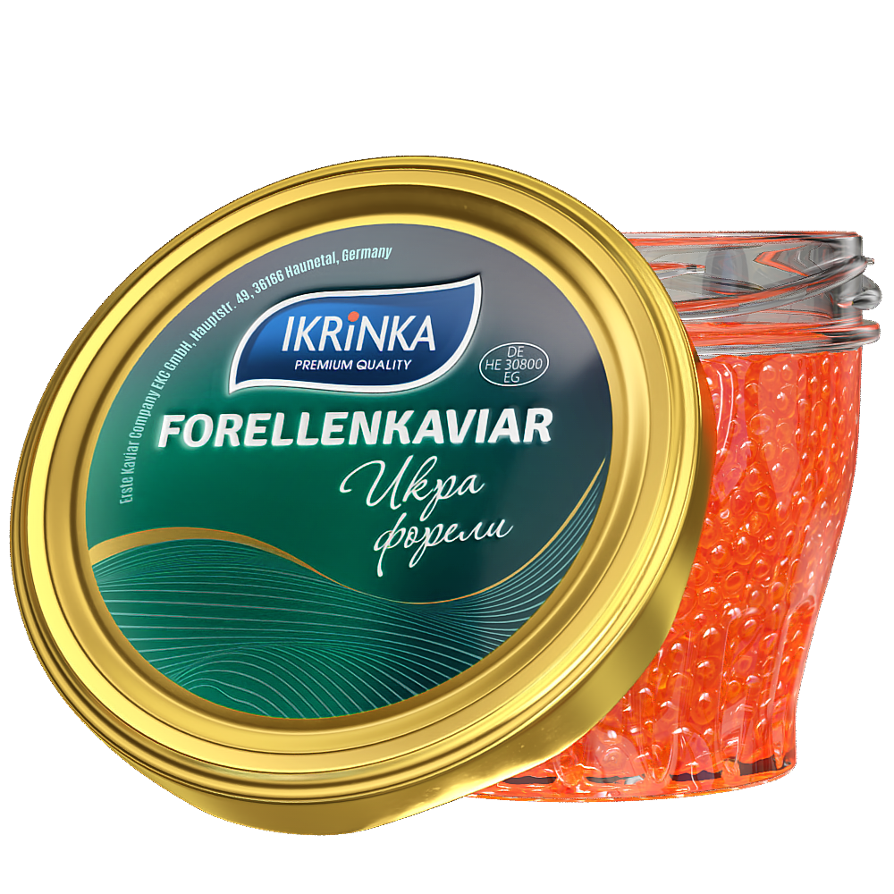 Forellenkaviar «Classic» 200g im Glas – sichtbare orange Kaviarperlen und grünes Deckeletikett