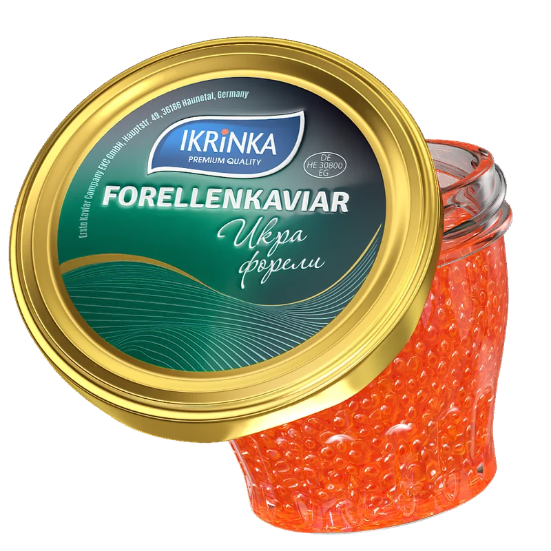 Forellenkaviar «Classic» – geöffnetes Glas mit Kaviar