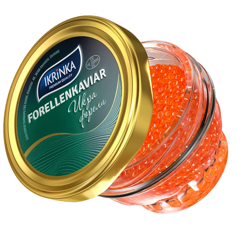 5 in 1 Genießer-Set – Glas Forellenkaviar mit grünem Deckeletikett und sichtbarem orangem Kaviar