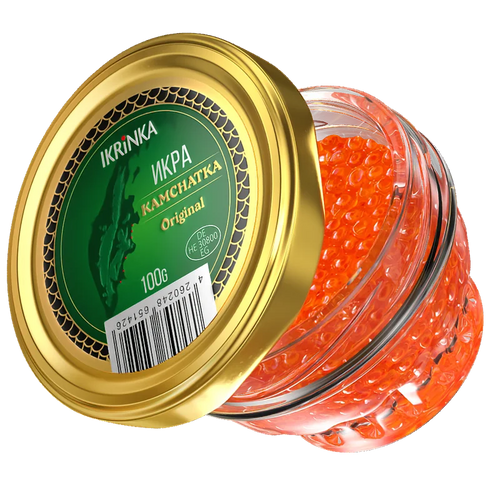 Lachskaviar «Kamchatka Original» – Glas mit rotem Kaviar Frontalansicht mit sichtbaren Kaviarperlen