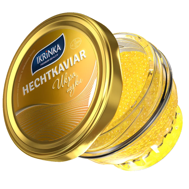 Hechtkaviar – Glas mit goldgelbem Kaviar, seitliche Ansicht mit sichtbaren Kaviarperlen