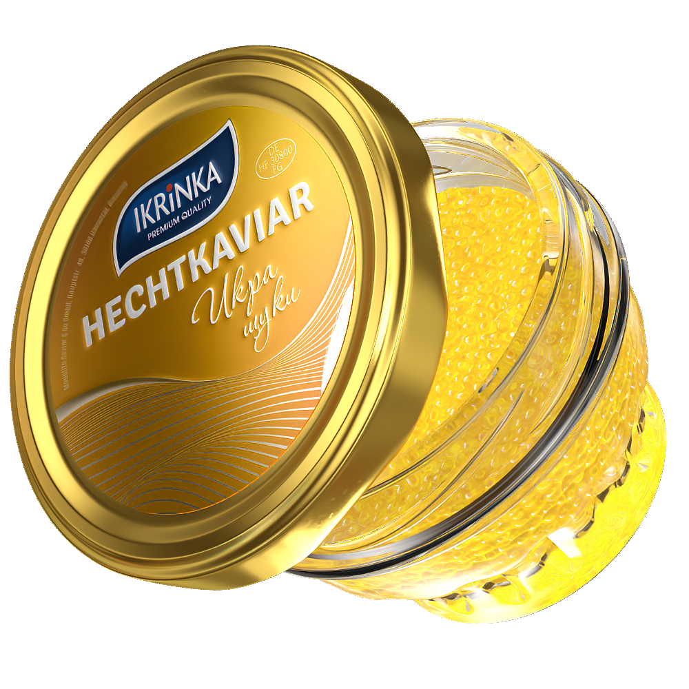 Hechtkaviar 100g im Glas – Schrägansicht mit gelbem Kaviar