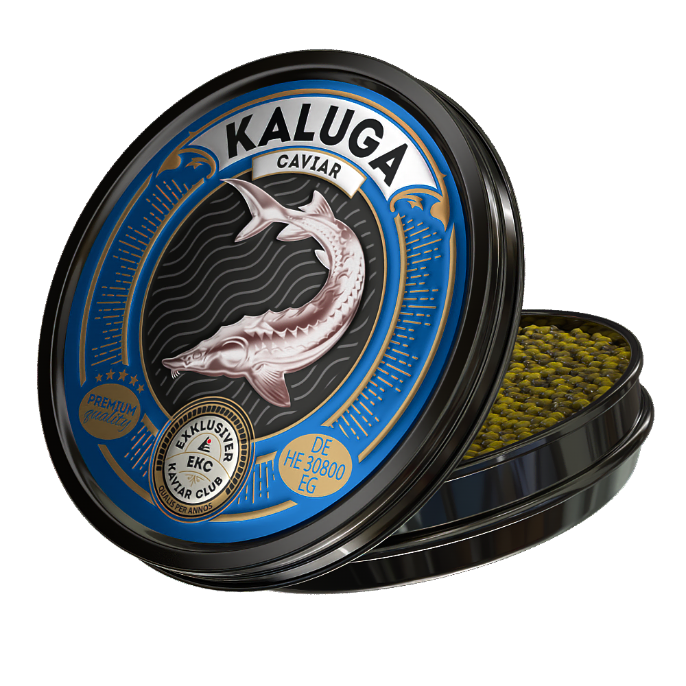 Kaluga Kaviar 100g in der Dose – Schrägansicht mit Kaviar