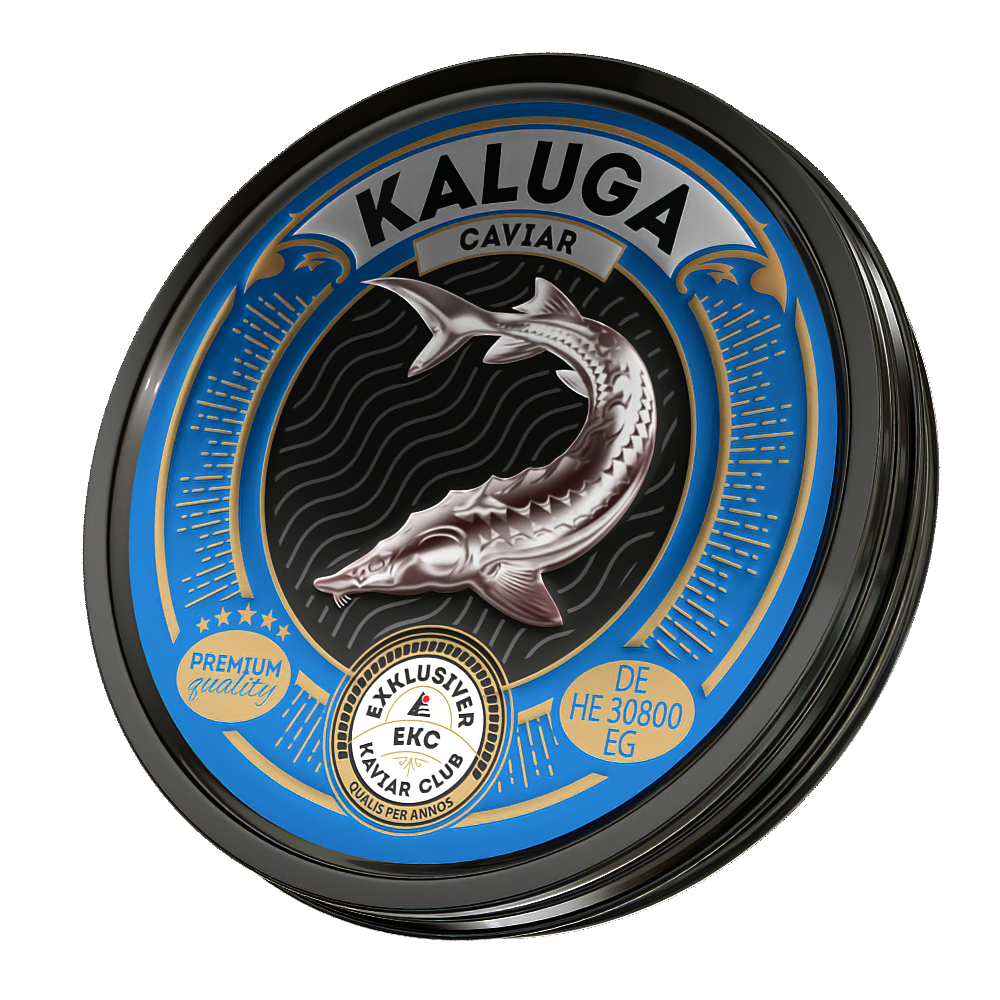 Kaluga Kaviar 50g in der Dose – Deckelansicht mit Stör-Motiv