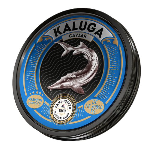 Kaluga Kaviar 50g in der Dose – Deckelansicht mit Stör-Motiv