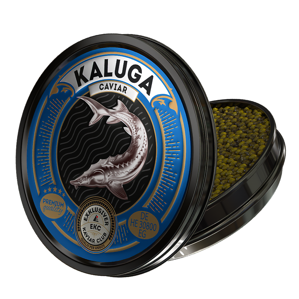 Kaluga Kaviar 50g in der Dose – Schrägansicht mit Kaviar