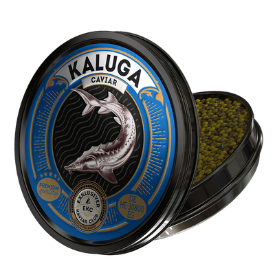 Kaluga Kaviar 50g in der Dose – Schrägansicht mit Kaviar