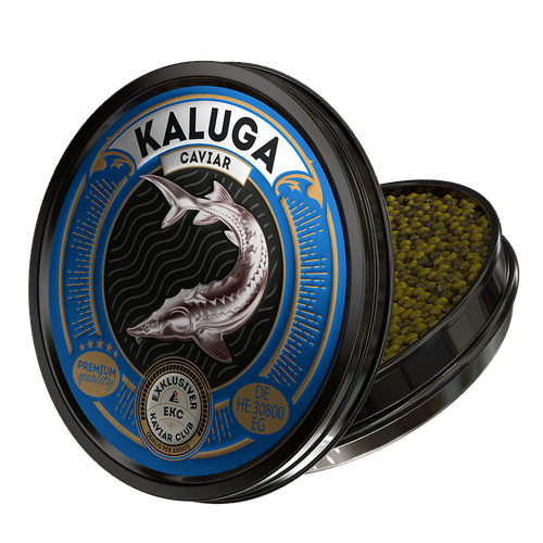 Kaluga Kaviar 50g in der Dose – Schrägansicht mit Kaviar