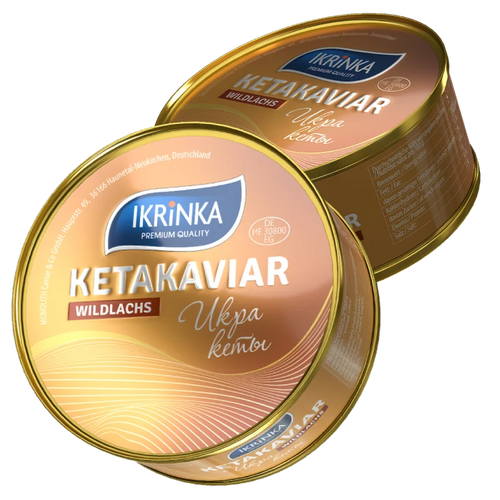 Keta Lachskaviar Set 11 x 300g – zwei goldene Ketakaviar-Dosen mit IKRiNKA Wildlachs-Etikett