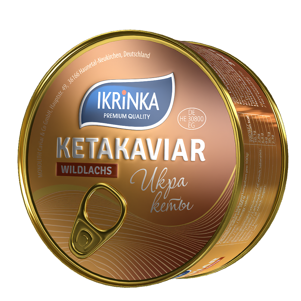 Keta Lachskaviar 300g in der Dose – Deckelansicht mit IKRiNKA Logo