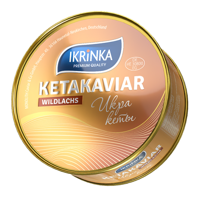 Keta Lachskaviar 95g in der Dose – Deckelansicht mit IKRiNKA Logo