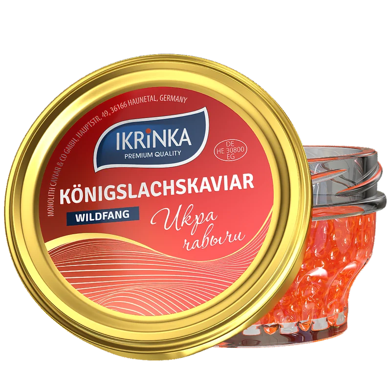 Königslachskaviar «Classic» – Glas mit rotem Wildfang-Kaviar und goldenem IKRiNKA Deckel