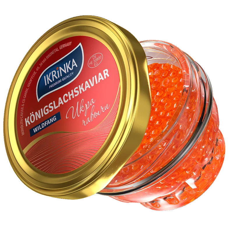 Königslachskaviar «Classic» – Glas mit rotem Kaviar, sichtbare Kaviarperlen durch das Glas