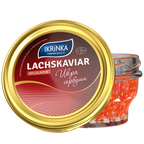 Lachskaviar Gorbuscha «Classic» – Glas mit rotem Kaviar und IKRiNKA Etikett, seitliche Ansicht