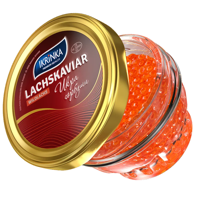 Lachskaviar Gorbuscha «Classic» – Glas mit rotem Kaviar, sichtbare Kaviarperlen durch das Glas