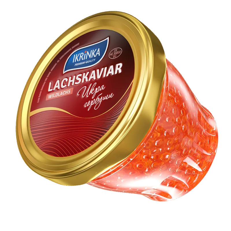 Lachskaviar Gorbuscha «Classic» – Glas mit rotem Kaviar, Ansicht mit rotem IKRiNKA Deckeletikett