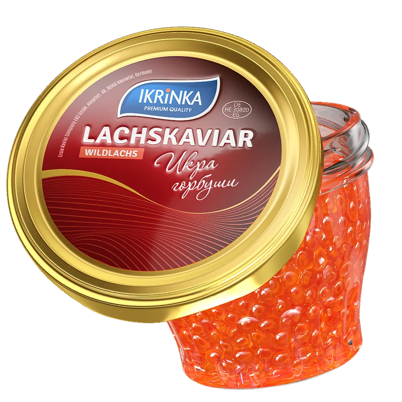 Lachskaviar Gorbuscha «Classic» – Glas mit rotem Kaviar und goldenem Deckel, seitliche Ansicht