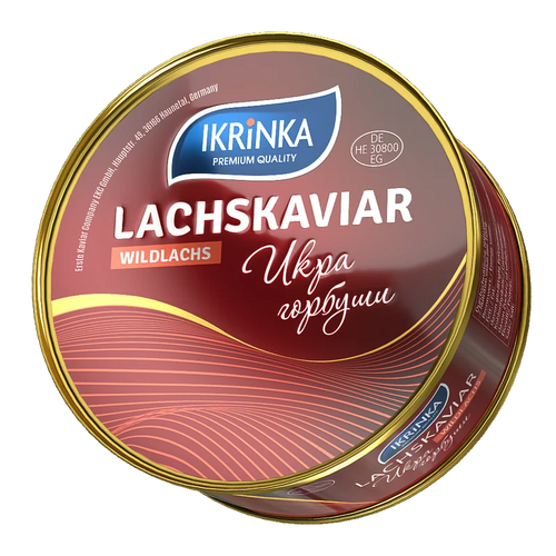 Lachskaviar Gorbuscha «Red Gold» – große rote Dose mit Wildlachskaviar IKRiNKA Etikett Schrägansicht