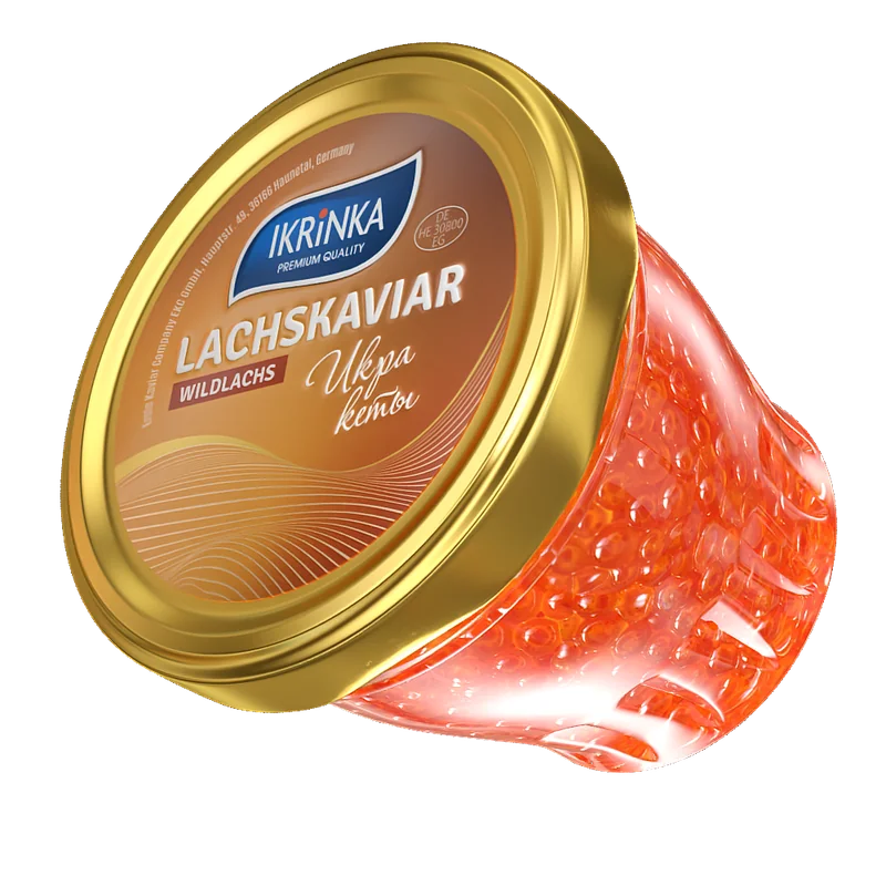 Lachskaviar Keta «Classic» – Glas mit rotem Kaviar, prominenter goldener Deckel mit IKRiNKA Etikett