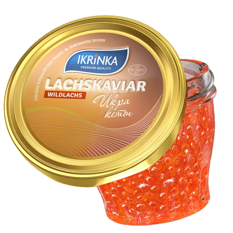 Lachskaviar Keta «Classic» – Glas mit rotem Kaviar, seitliche Ansicht mit voller Füllung