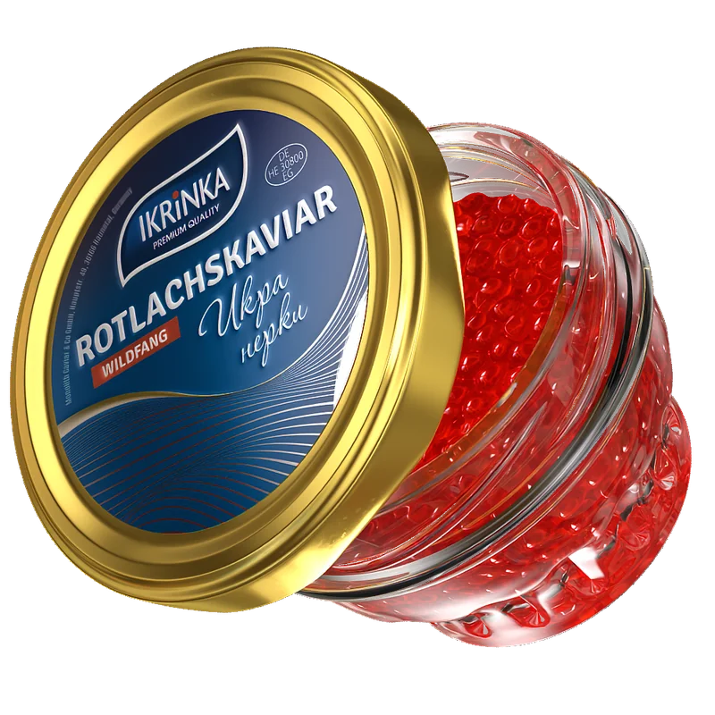 Rotlachskaviar «Classic» – Glas mit rotem Kaviar, blaues Deckeletikett und sichtbare Kaviarperlen