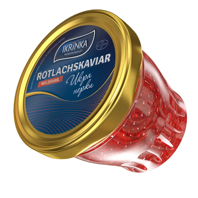 Rotlachskaviar «Classic» – Glas mit rotem Kaviar, seitliche Ansicht mit blauem Deckeletikett