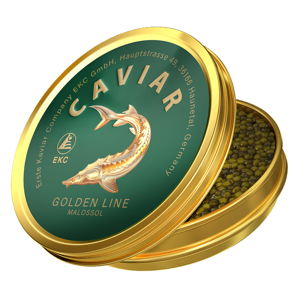 Störkaviar «Golden Line» 100g in der Dose – Schrägansicht mit Kaviar