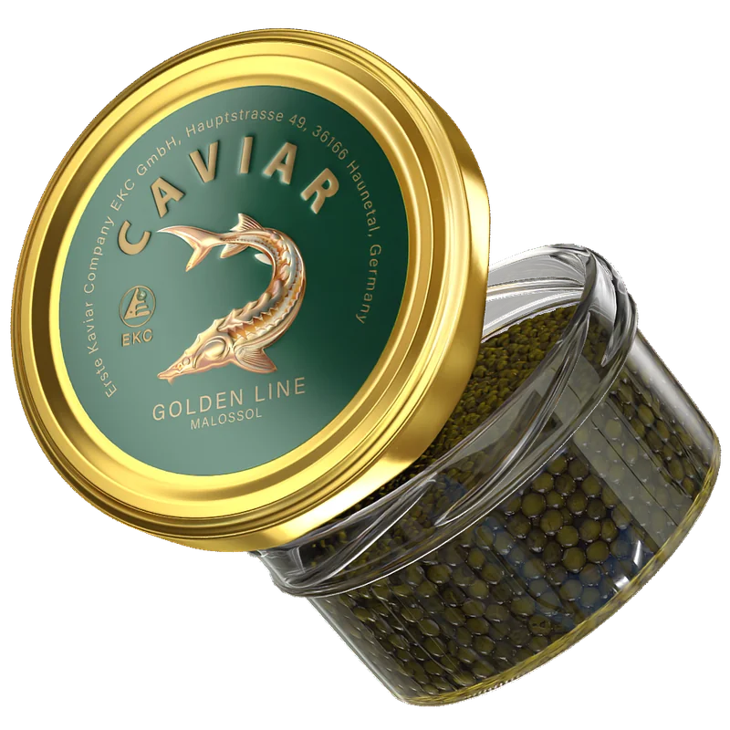 Störkaviar «Golden Line» – geöffnetes Glas mit Kaviar