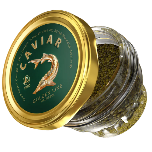 Störkaviar «Golden Line» – Glas mit schwarzem Kaviar, seitliche Ansicht mit goldenem Deckel