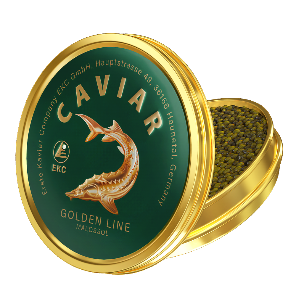 Störkaviar «Golden Line» 50g in der Dose – Schrägansicht mit Kaviar