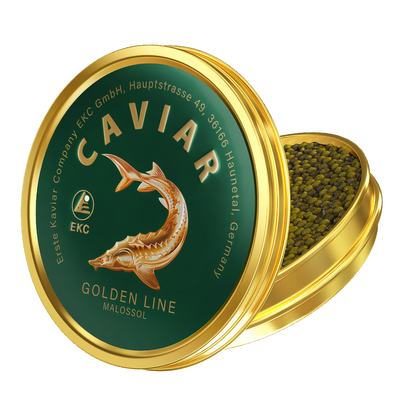 Störkaviar «Golden Line» 50g in der Dose – Schrägansicht mit Kaviar