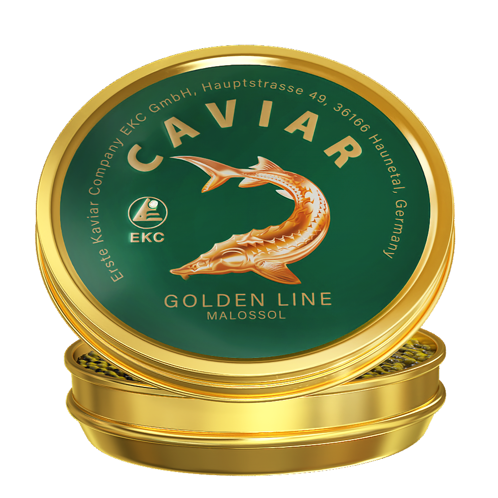 Störkaviar «Golden Line» 50g in der Dose – zwei Dosen gestapelt
