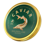 Störkaviar «Golden Line» Dose – Deckelansicht mit grünem Golden-Line-Etikett und goldenem Stör